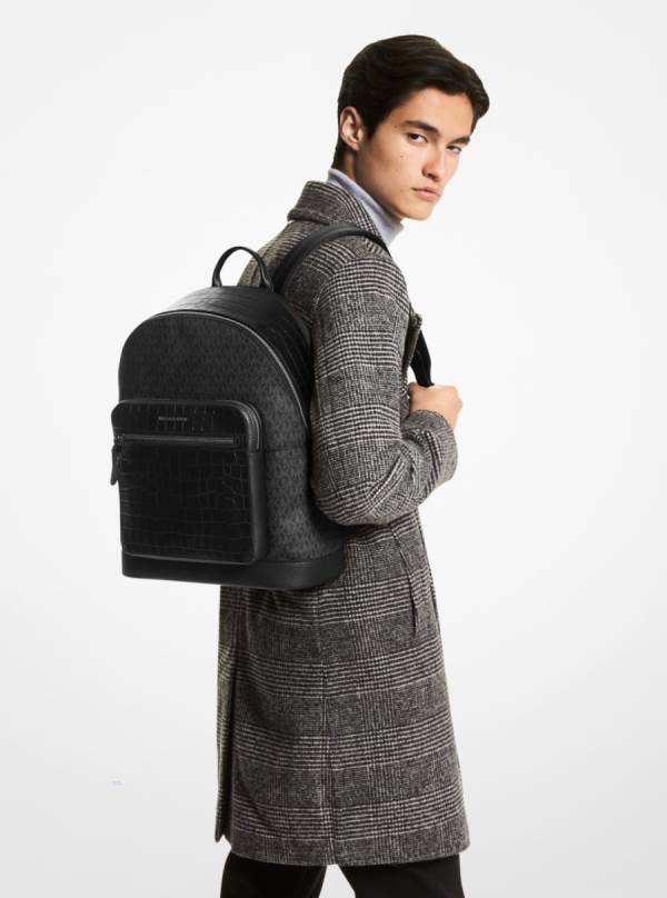 Panske Batohy Michael Kors Hudson Crocodile Embossed Leather and Logo Čierne - Tasky Michael Kors Sleva | HFORQ-3746